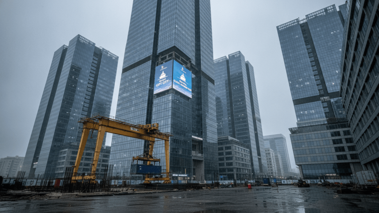 A wide shot shows the modern glass towers of GIFT City under a grey, overcast sky, with a yellow gantry crane at a construction site in the foreground.