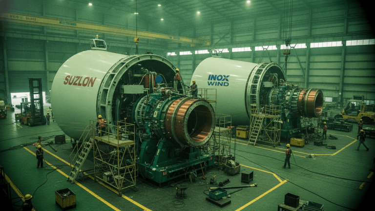An interior view of a large industrial facility where two massive wind turbine nacelles, labeled "SUZLON" and "INOX WIND", are under construction.