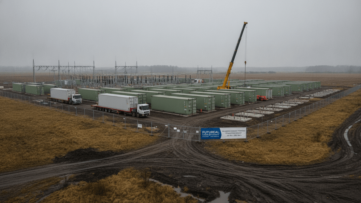 An aerial wide shot shows a large field with a newly fenced construction site, containing rows of green battery energy storage containers. Two white trucks with trailers are parked, one with a container. A yellow mobile crane is positioned near the back, and a high-voltage substation is visible behind the containers. The ground is muddy, and a sign for "Futureal Energy Partners" is on the fence. The sky is overcast and grey, and the distant horizon is hazy.