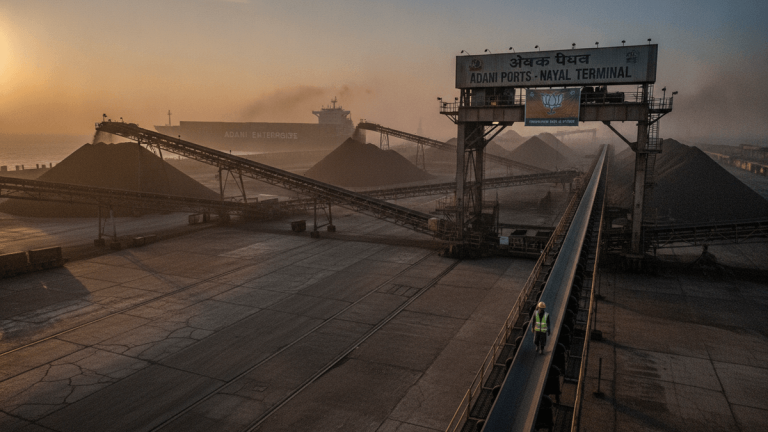 An aerial, wide-angle photograph of the Adani Ports Nayal Terminal at dawn. Piles of coal are visible. A large container ship is visible in the background. A worker in a yellow vest walks on a conveyor belt. The scene is hazy, and the sun is visible in the distance.