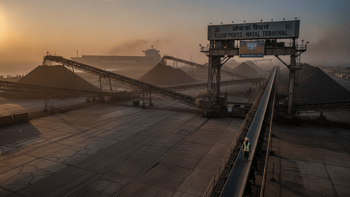 An aerial, wide-angle photograph of the Adani Ports Nayal Terminal at dawn. Piles of coal are visible. A large container ship is visible in the background. A worker in a yellow vest walks on a conveyor belt. The scene is hazy, and the sun is visible in the distance.