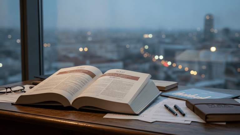 An open ICLG Mergers & Acquisitions law book on a wooden desk with reading glasses, pens, a tablet, and a notebook. A blurred city skyline with lights is visible through a large window in the background.