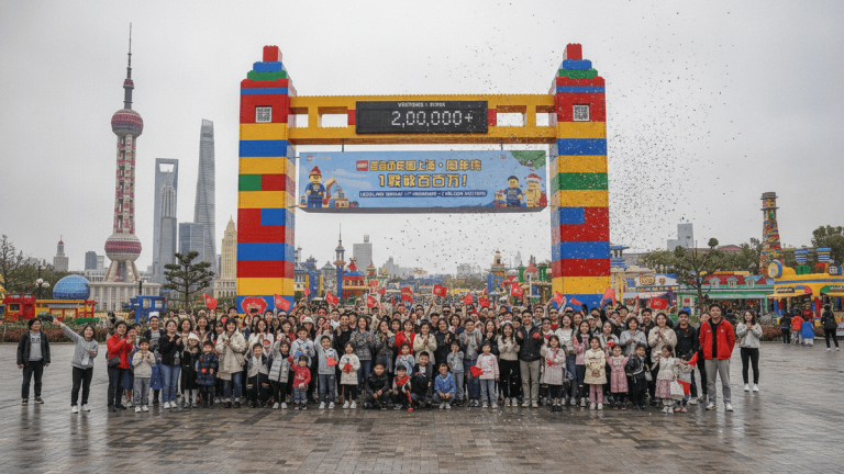 A large group of people stand in front of a colorful LEGO archway with "2,000,000+" displayed, confetti falling, with the Shanghai skyline in the background.