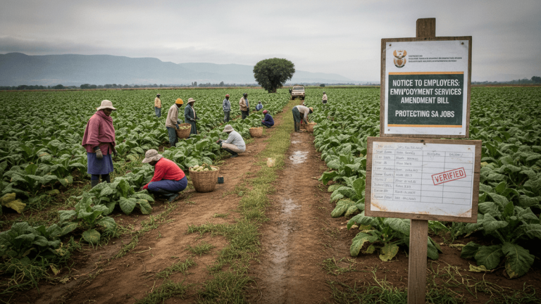 A wide shot of a green agricultural field under an overcast sky, with a dirt path leading through rows of crops. Several workers are tending to plants. In the foreground, a wooden sign displays a "Notice to Employers: Employment Services Amendment Bill" with a "VERIFIED" stamp on an attached checklist.