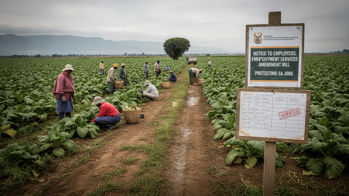 A wide shot of a green agricultural field under an overcast sky, with a dirt path leading through rows of crops. Several workers are tending to plants. In the foreground, a wooden sign displays a "Notice to Employers: Employment Services Amendment Bill" with a "VERIFIED" stamp on an attached checklist.