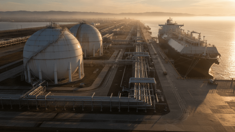 An aerial, slightly oblique view of a liquefied natural gas terminal at golden hour, featuring two large spherical white storage tanks, extensive piping networks, and a massive LNG tanker docked at a pier, with mountains in the background.