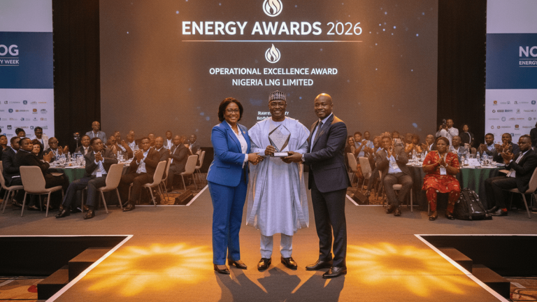 Three individuals on a stage, one receiving an award from the other two, with a large screen displaying "Energy Awards 2026" behind them.