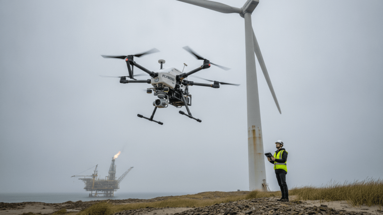 A large drone with multiple rotors hovers in the foreground, near a man in a hard hat and safety vest, with a wind turbine and an offshore oil platform in the background under a gray sky.