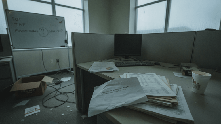 An empty, disheveled office cubicle with scattered papers, an old computer, a used coffee cup, and a whiteboard in the background.