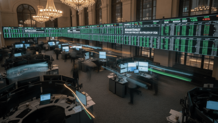 An ultra-realistic photograph showing a wide shot of a bustling trading floor with multiple large digital screens displaying stock market data, and traders moving quickly through the space creating light trails, reflecting on the monitors.