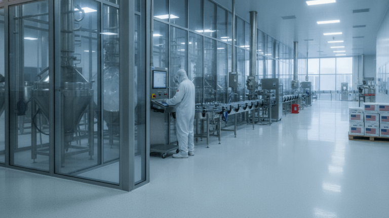 A worker in a white cleanroom suit operates machinery in a sterile pharmaceutical manufacturing facility. Vials move along a conveyor.