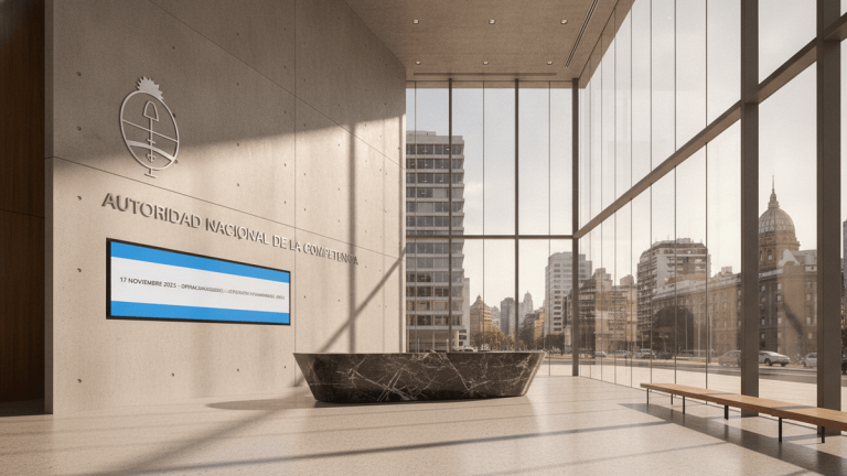Wide shot of a modern building lobby with a large window wall overlooking a city street. A digital sign reads "17 NOVIEMBRE 2025."