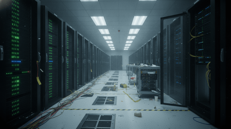 A wide shot inside a data center shows rows of server racks with blinking green lights. Cables are strewn across the raised floor tiles, and a maintenance cart sits near an open server cabinet.
