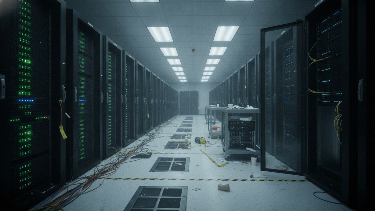 A wide shot inside a data center shows rows of server racks with blinking green lights. Cables are strewn across the raised floor tiles, and a maintenance cart sits near an open server cabinet.