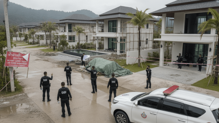 Thai Department of Special Investigation officers and officials inspecting a luxury villa construction site under an overcast sky.