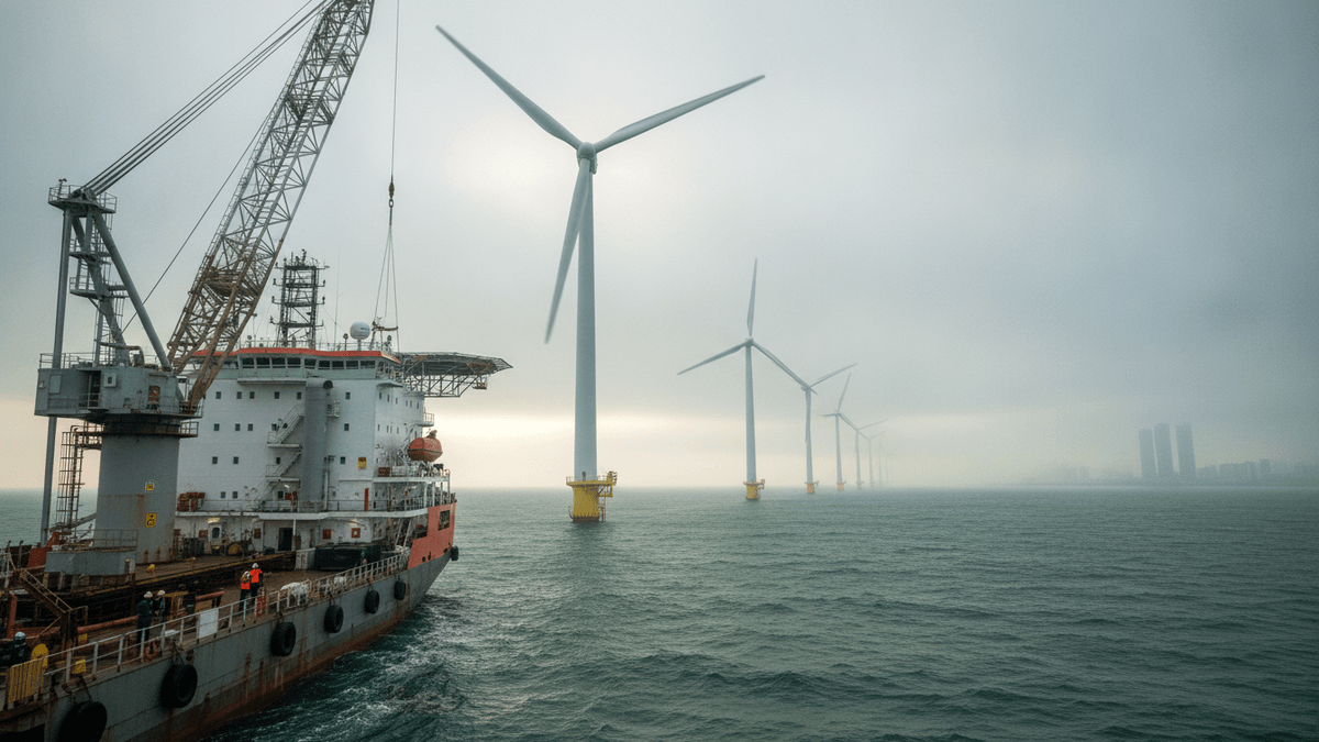 An installation vessel with a large crane is positioned in the foreground, next to a line of offshore wind turbines receding into heavy fog.