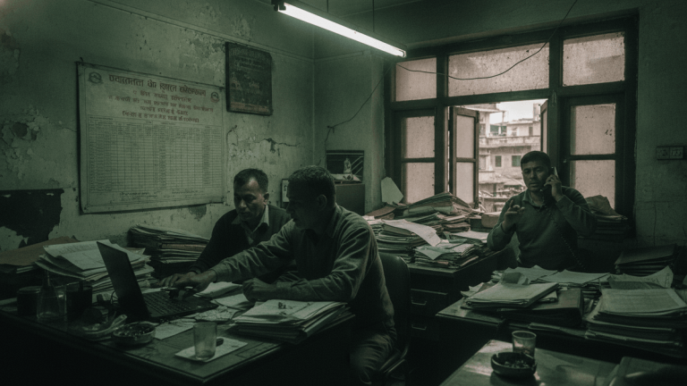 An interior shot of a cluttered, dimly lit office in Kathmandu with three men. One uses a laptop, another sorts papers, and a third talks on a corded phone.