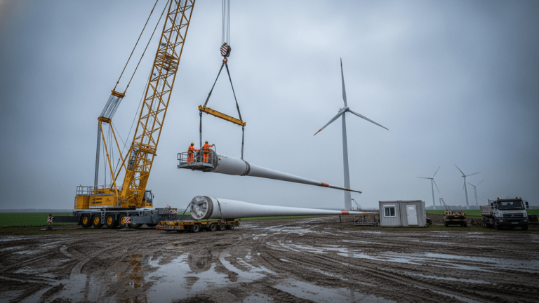 A large yellow crane lifts a section of a white wind turbine blade. Another blade section lies on a flatbed trailer below.