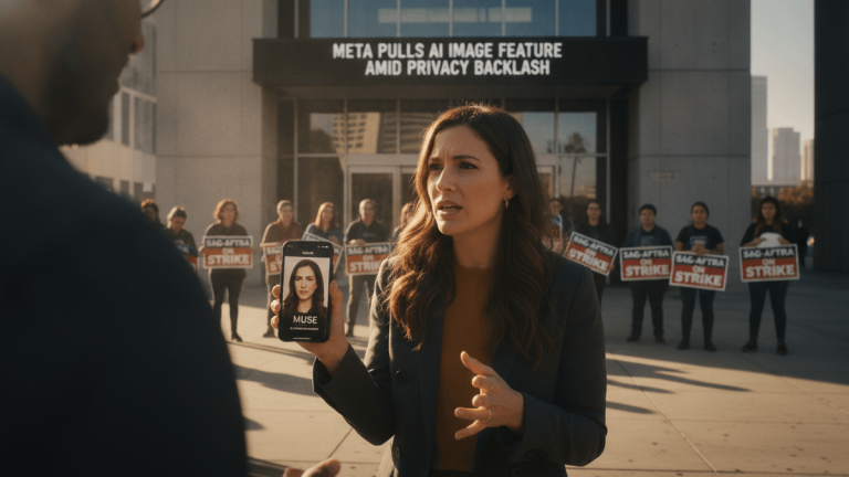 A woman holds a smartphone to a man, showing an app called "Muse" with an AI-generated image. Behind her, protestors hold signs.