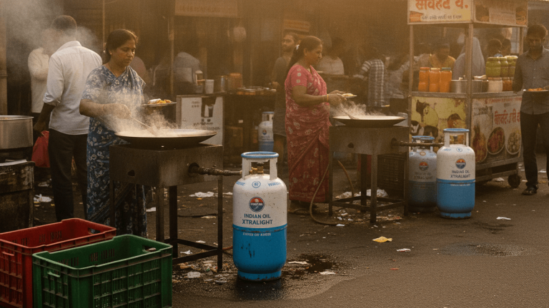 Two women cooking over gas stoves on a street at dawn, with two blue and white composite LPG cylinders visible.