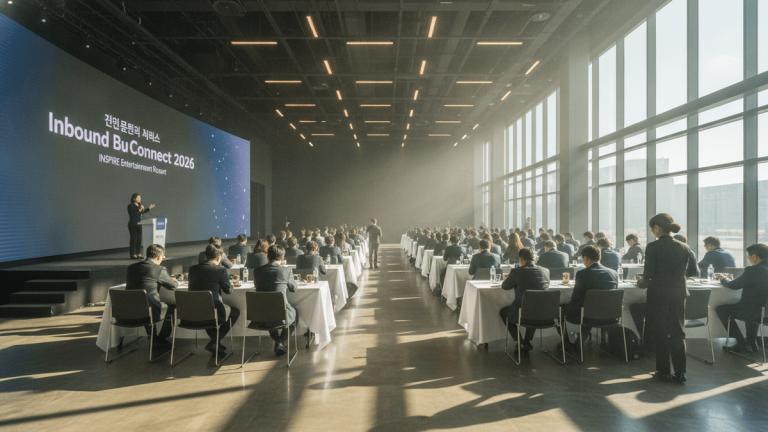 Wide shot of a large, modern conference hall with a speaker on stage and rows of attendees at tables. Light beams through tall windows.