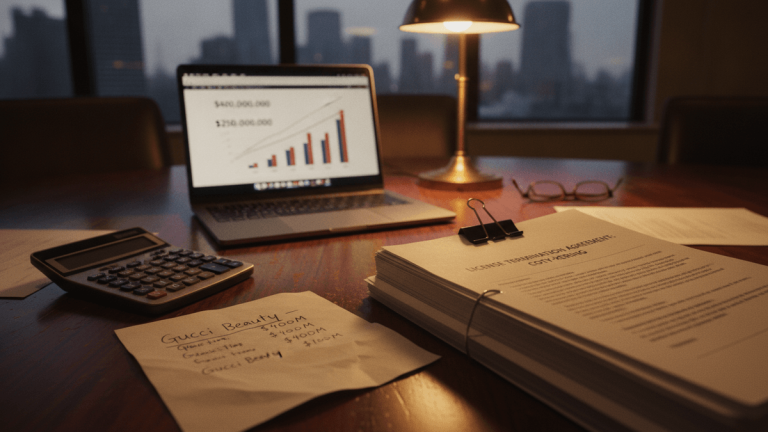 A laptop displays a financial growth chart. Nearby, a calculator, a handwritten note, and a thick stack of legal papers with a binder clip sit on a wooden desk.