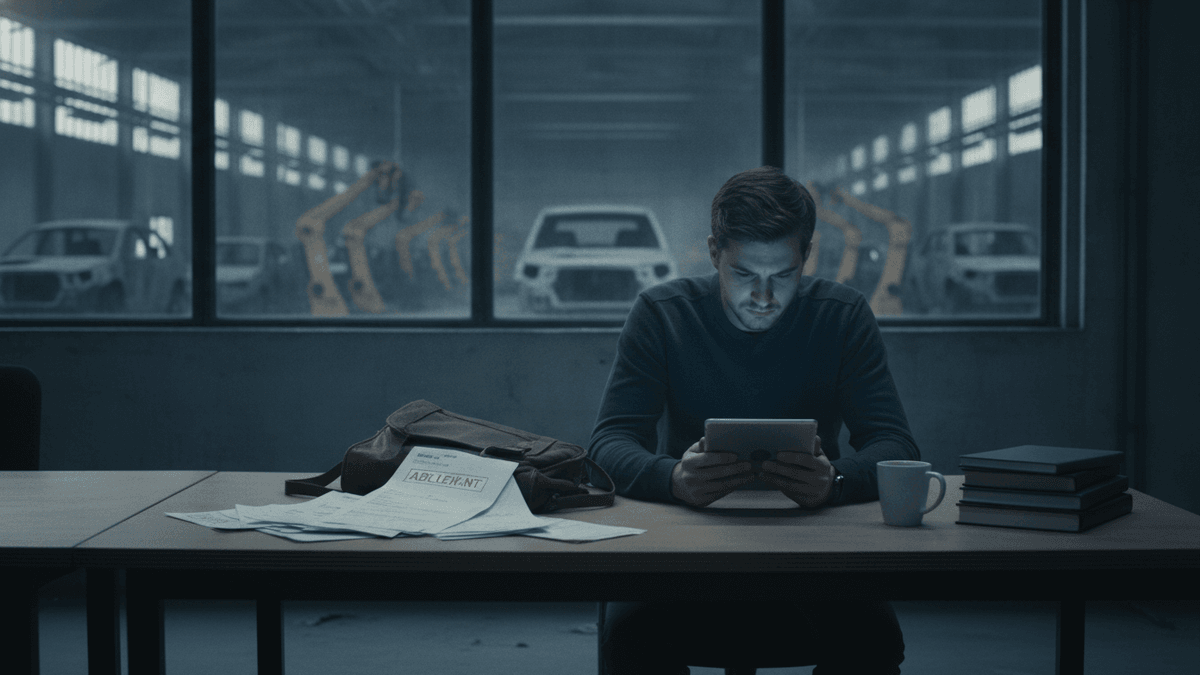 A young man sits at a desk, looking intently at a tablet, with factory floor visible through a large window behind him.