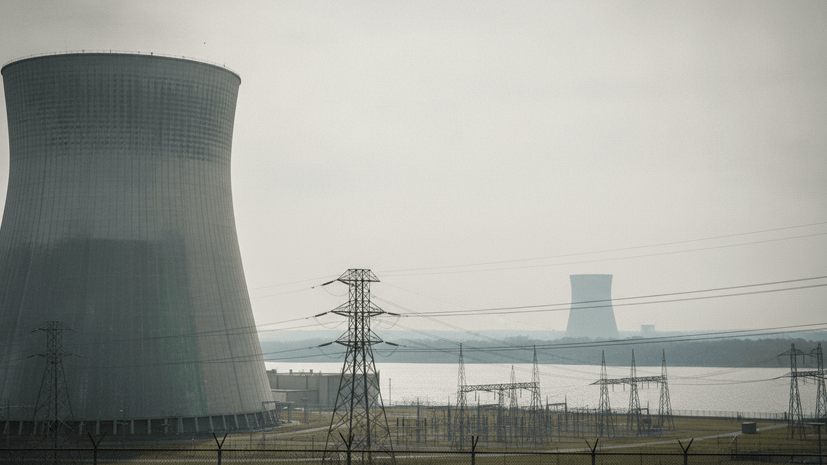 A wide shot of a nuclear power plant with two cooling towers, power lines, and a body of water under an overcast sky.