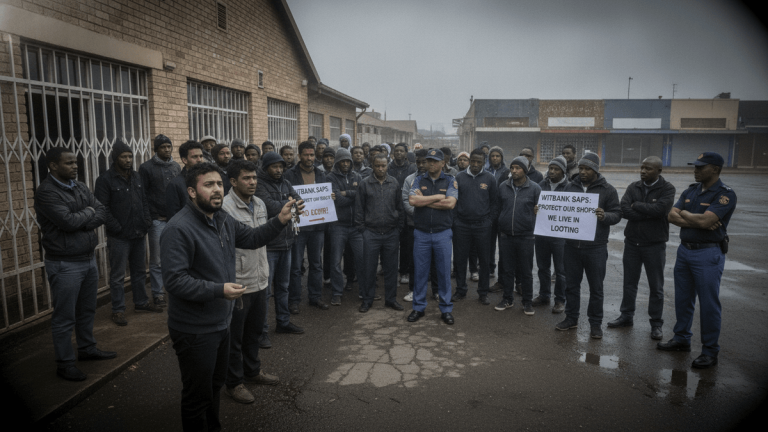 A group of male business owners, some holding protest signs, gather outside a brick building with two police officers.