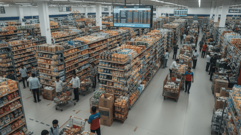 An ultra-realistic editorial photograph from an overhead perspective inside a large, brightly lit retail store with long aisles of stacked products and numerous shoppers pushing carts. A large digital stock ticker screen is visible in the background.