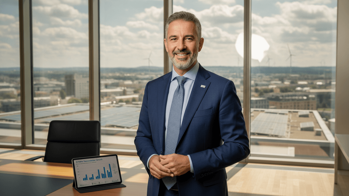 A man in a suit stands in an office with large windows overlooking a city with solar panels and wind turbines.