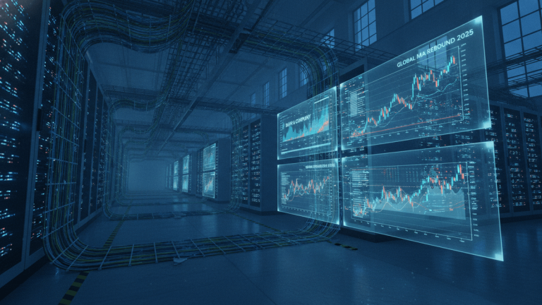 A wide shot of a futuristic data center with rows of server racks and several translucent holographic screens displaying complex financial graphs and stock market data.