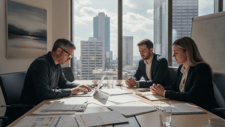Three business professionals in a modern conference room, overlooking a cityscape through large windows, engaged in a discussion over documents.