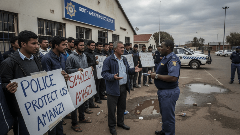 A group of men hold "Police Protect Us" signs, speaking with a police officer outside a police station under an overcast sky.