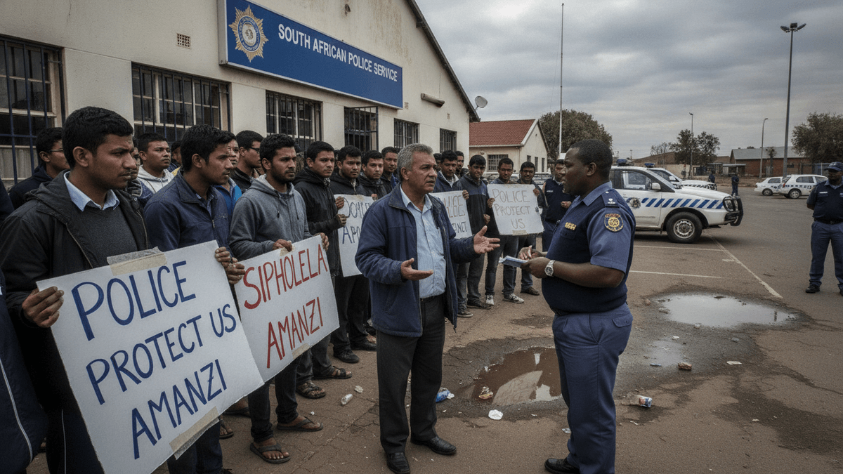 A group of men hold "Police Protect Us" signs, speaking with a police officer outside a police station under an overcast sky.