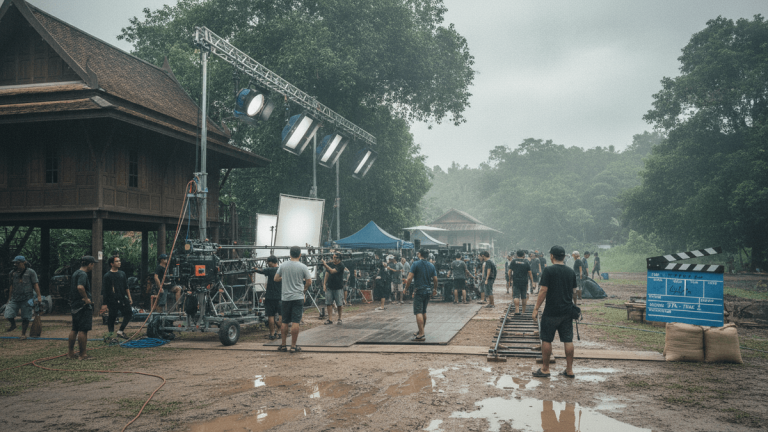 An outdoor film set in a rural Thai location under overcast skies, with crew members moving equipment on muddy ground.