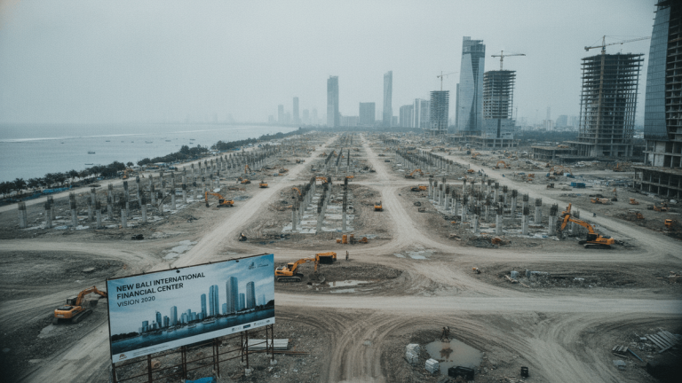 An aerial photograph shows a vast construction site by the ocean under a grey, overcast sky. Numerous concrete pillars rise from the ground. Excavators are scattered across the site. A large billboard in the foreground displays a rendering of a modern city skyline with the text "NEW BALI INTERNATIONAL FINANCIAL CENTER VISION 2020". In the background, partially constructed skyscrapers rise from the horizon, and the ocean is visible with several small boats.