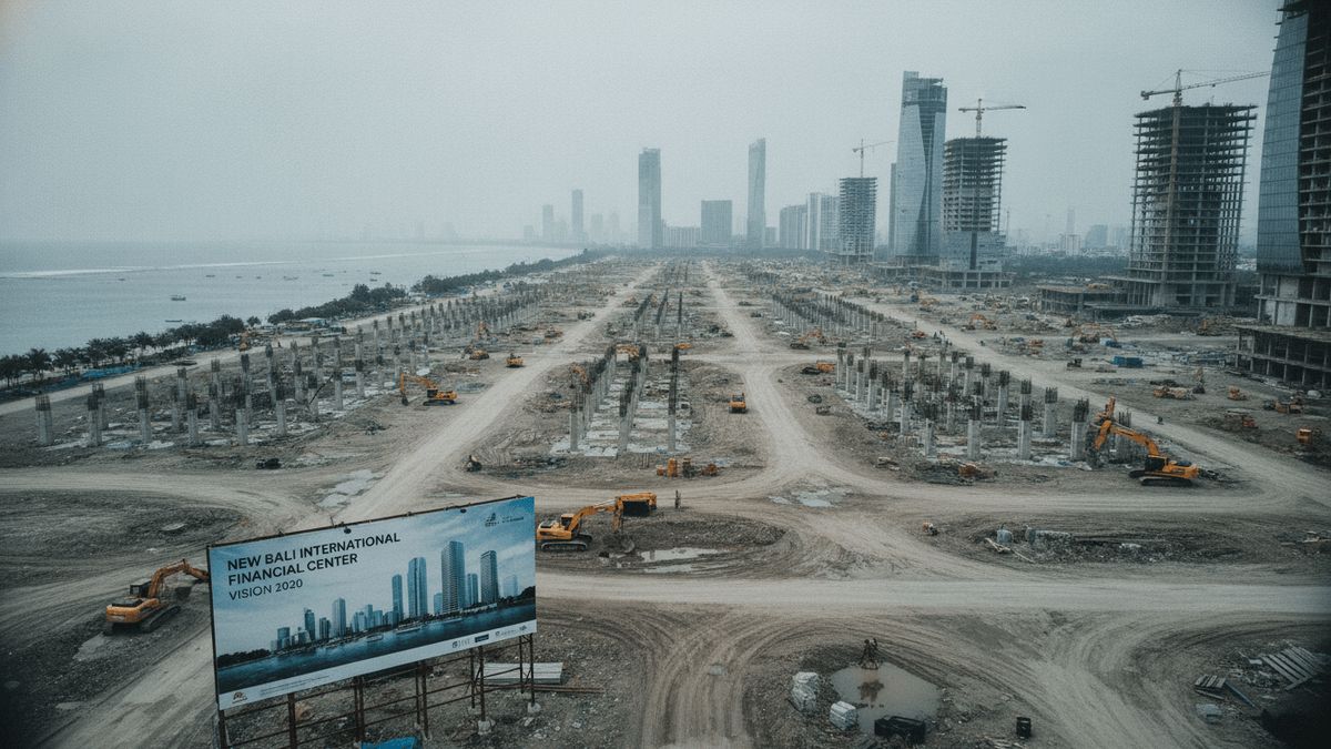 An aerial photograph shows a vast construction site by the ocean under a grey, overcast sky. Numerous concrete pillars rise from the ground. Excavators are scattered across the site. A large billboard in the foreground displays a rendering of a modern city skyline with the text "NEW BALI INTERNATIONAL FINANCIAL CENTER VISION 2020". In the background, partially constructed skyscrapers rise from the horizon, and the ocean is visible with several small boats.