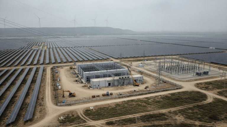 An aerial shot of a vast solar farm, with rows of panels stretching towards a horizon marked by wind turbines on hills. A power substation is visible.