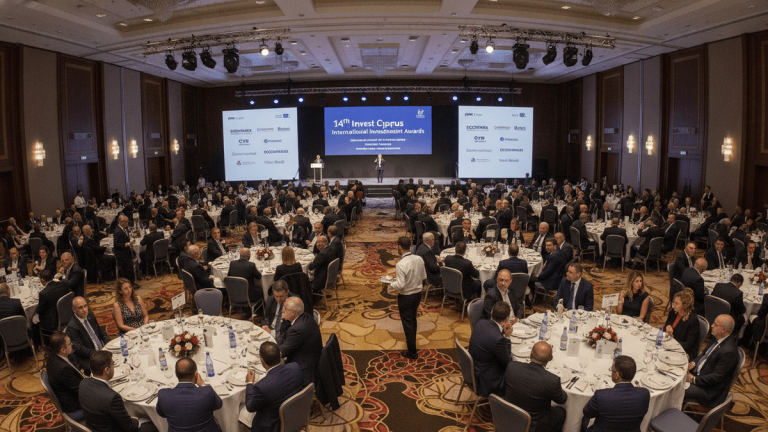A wide shot of a large ballroom set up for a formal awards dinner, with round tables filled with attendees and a stage with a screen at the front.