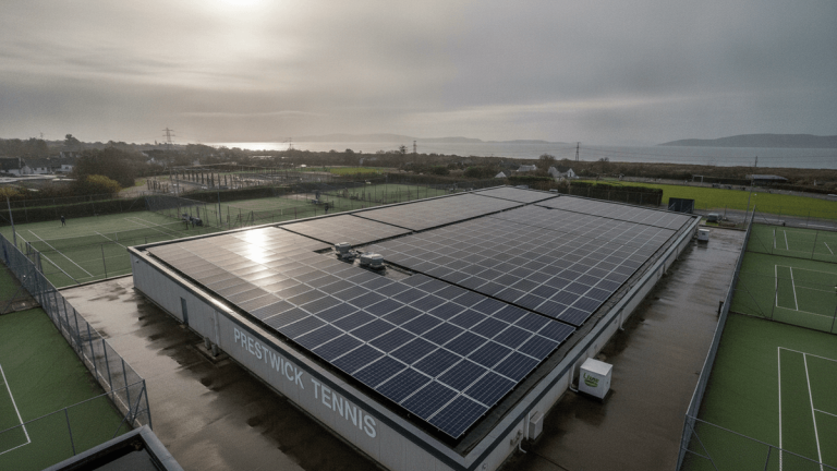 An aerial shot of the Prestwick Tennis and Fitness Club shows a large, rectangular building with a roof covered in solar panels. Tennis courts are visible on either side, and in the distance, a body of water and hills can be seen under a bright, overcast sky.