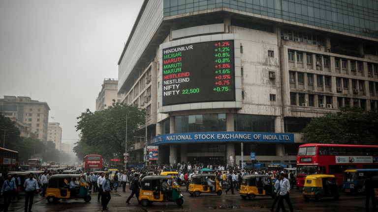A wide editorial shot of the National Stock Exchange of India building, with an LED ticker displaying stock prices of companies like Hindustan Unilever, Maruti, and Nestle. The street below is bustling with pedestrians, auto-rickshaws, and red double-decker buses, with wet pavement reflecting the overcast sky.