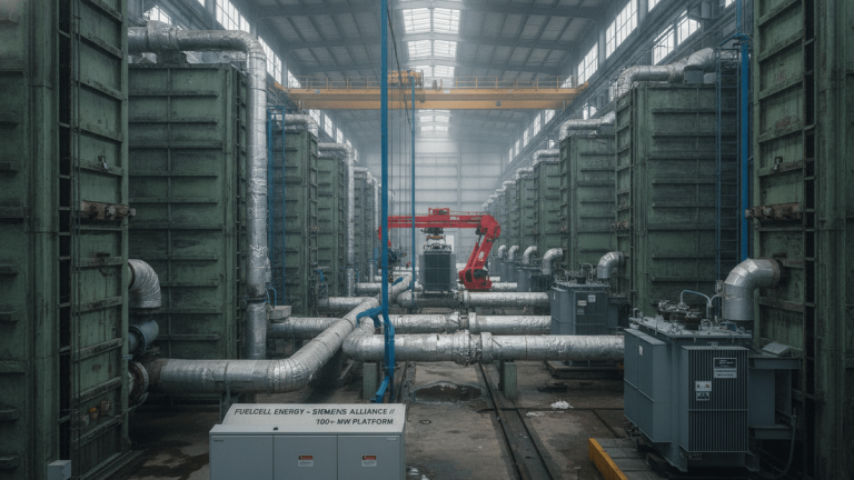 An ultra-realistic photograph shows a vast, high-ceilinged industrial building. Rows of large, teal-green rectangular machinery with silver insulated pipes extend into the foggy distance. A red overhead crane is visible in the background, with a yellow gantry above. A white control box labeled "FUELCELL ENERGY - SIEMENS ALLIANCE // 100+ MW PLATFORM" sits in the foreground. The floor is concrete with some moisture.