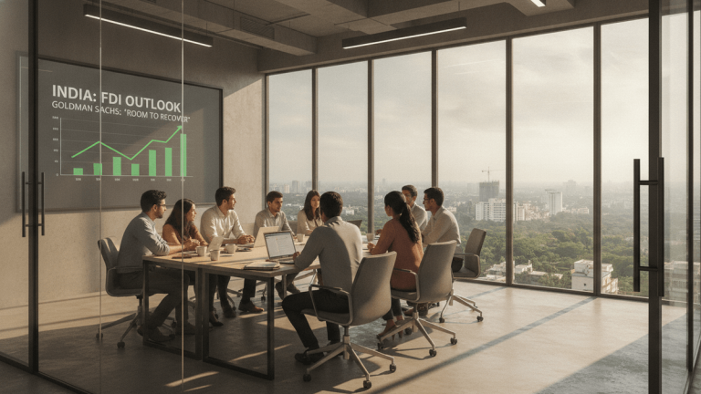 A modern office conference room with a large glass wall overlooking a cityscape. People are seated around a conference table.