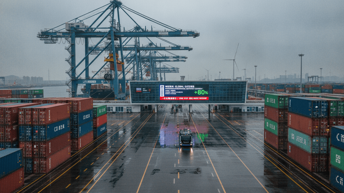 An ultra-realistic, wide-angle photograph showing a modern port with an autonomous shuttle moving on wet tarmac, flanked by tall stacks of shipping containers. In the background, large gantry cranes loom over a docked container ship and a digital display screen is visible above the shuttle. The sky is overcast, and the surfaces reflect the dim light, with distant wind turbines completing the scene.