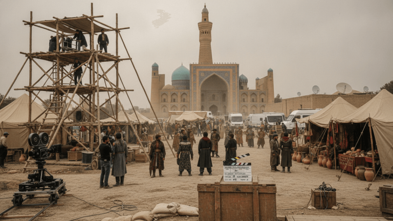 A wide shot of a bustling film set in front of a grand mosque and minaret, with crew, actors, and props.