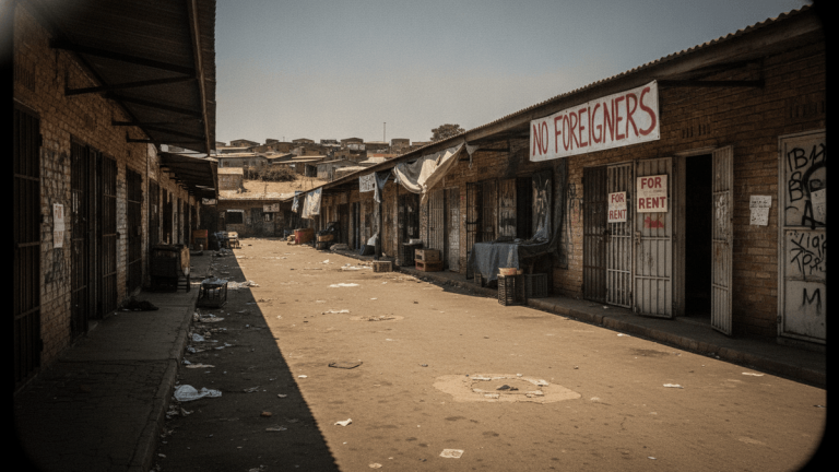 A wide-angle street view of a deserted, dusty market alley in a South African township, featuring brick stalls with corrugated iron roofs under a bright, clear sky. A prominent, hand-painted red banner reading "NO FOREIGNERS" hangs above several closed stalls, some displaying "FOR RENT" signs.