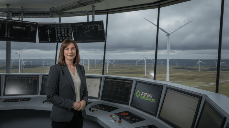 A woman in a business suit stands within a modern control room, large screens displaying data, with wind turbines visible through panoramic windows.