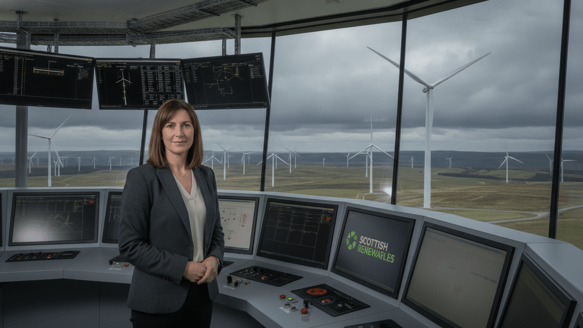 A woman in a business suit stands within a modern control room, large screens displaying data, with wind turbines visible through panoramic windows.