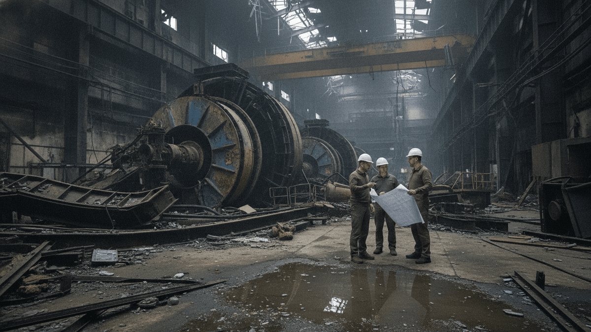 Three engineers in hard hats and work clothes stand around a blueprint in a large, ruined industrial building. Debris, water, and large damaged machinery fill the space.